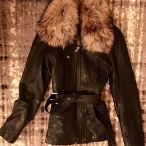 Andrew Marc Leather Coat with Removable Fur Collar